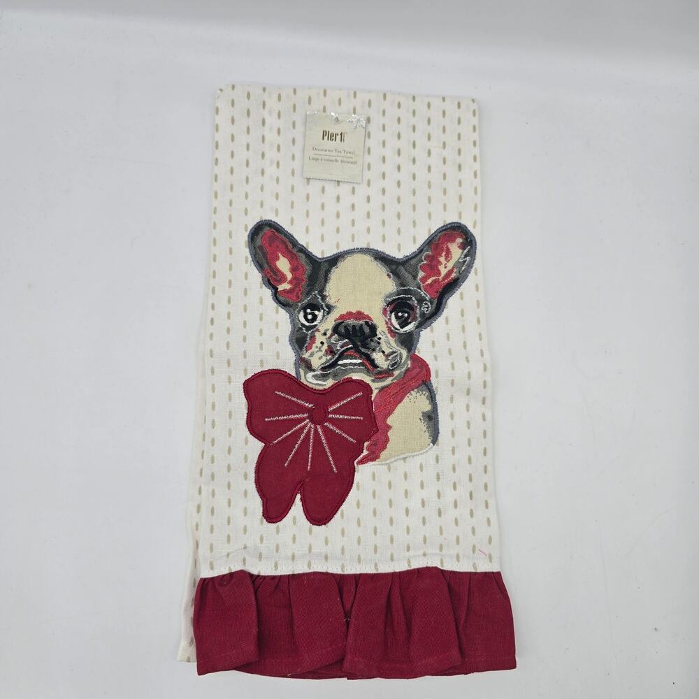Pier 1 Imports Embroidered French Bulldog Kitchen Decorative Tea Towel Ruffle